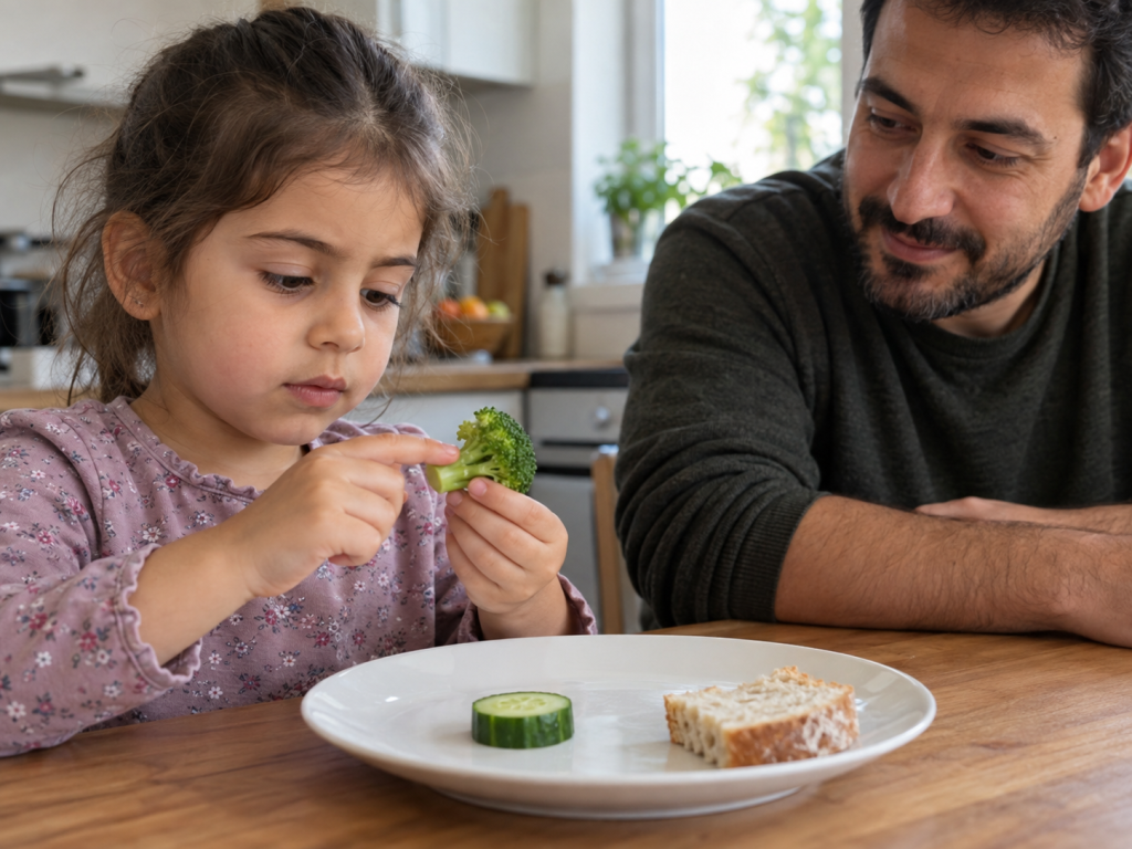 Çocuğun brokoliyi yemeden önce dokunarak ve inceleyerek yeni bir yiyeceği keşfetmesi