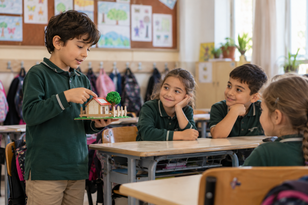 Çocukluk Çağı Konuşma Apraksisi Nedir? Belirtileri ve Değerlendirme 4 1. Sınıfta hazırladığı modeli arkadaşlarına anlatarak sözel ifade becerilerini kullanan çocuk
